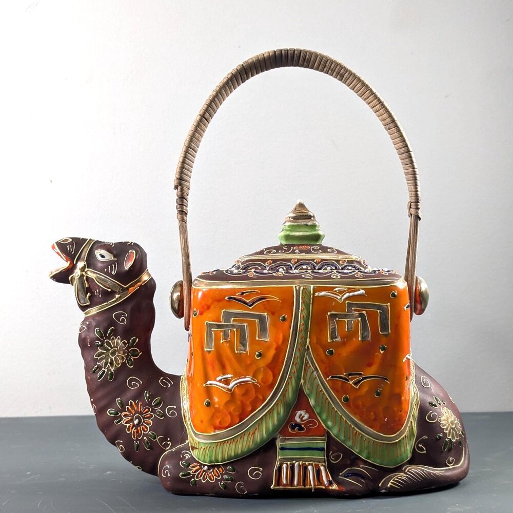 1920s Japanese Satsuma Moriage porcelain camel teapot with bamboo handle